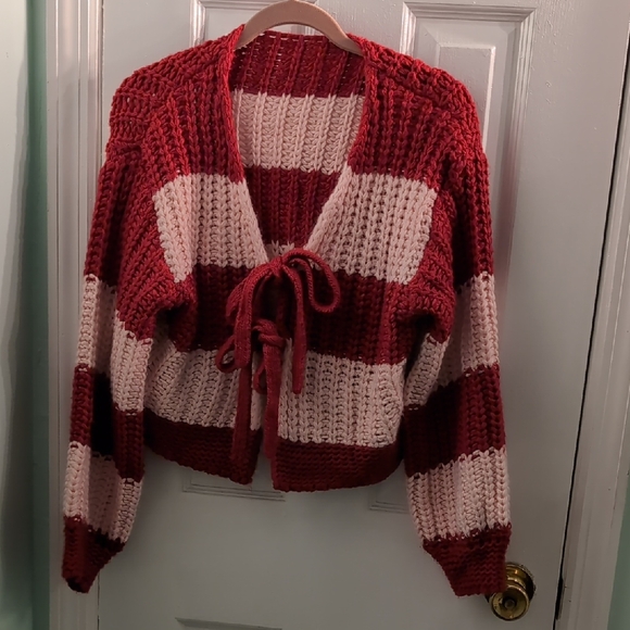 Cider Red and Pink Striped Tie Front Knit Cardigan - Picture 1 of 8